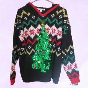 Celebrate Together hoodie heavily sequined tree ugly Christmas sweater in black